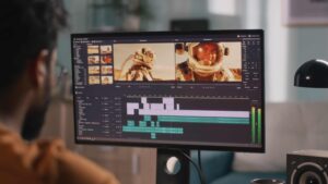 Man providing professional video translation services while working on a video project