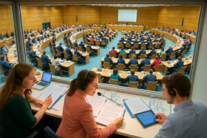 Simultaneous interpretation at an international conference with interpreters working in soundproof booths