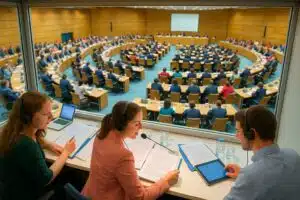 Simultaneous interpretation at an international conference with interpreters working in soundproof booths