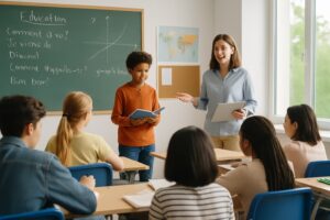 Students and teacher in a classroom representing education translation services in a multilingual learning environment.