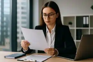 Professional woman reviewing documents at a desk, representing certified translation services in Toronto.