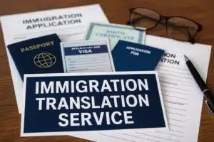 Documents for visa, passport, and birth certificate on a desk with a sign reading “Immigration Translation Service.”