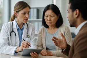 Doctor and patient communicating through interpreter, representing medical translation services in healthcare.