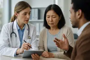 Doctor and patient communicating through interpreter, representing medical translation services in healthcare.