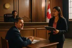 Interpreter provides interpretation services in a Canadian courtroom, supporting a defendant during legal proceedings with notes in hand.