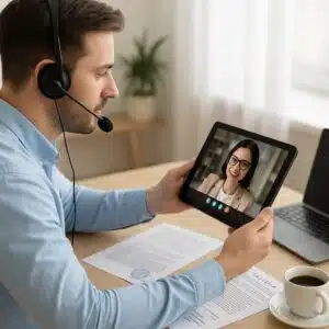 Man using a tablet and headset during a video call, with documents and coffee on the desk, representing interpretation and translation services.