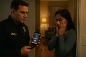 Police officer showing a phone with a telephone interpreter service to assist a worried woman during an emergency.