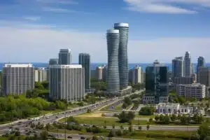 Mississauga skyline with modern skyscrapers, including the Absolute World Towers, representing the city’s growth and need for translation services Mississauga.