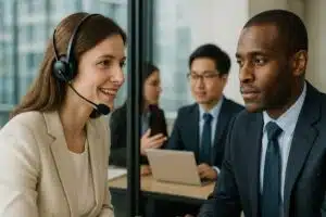 Interpreter providing professional interpretation and translation services during a business meeting with multicultural participants.