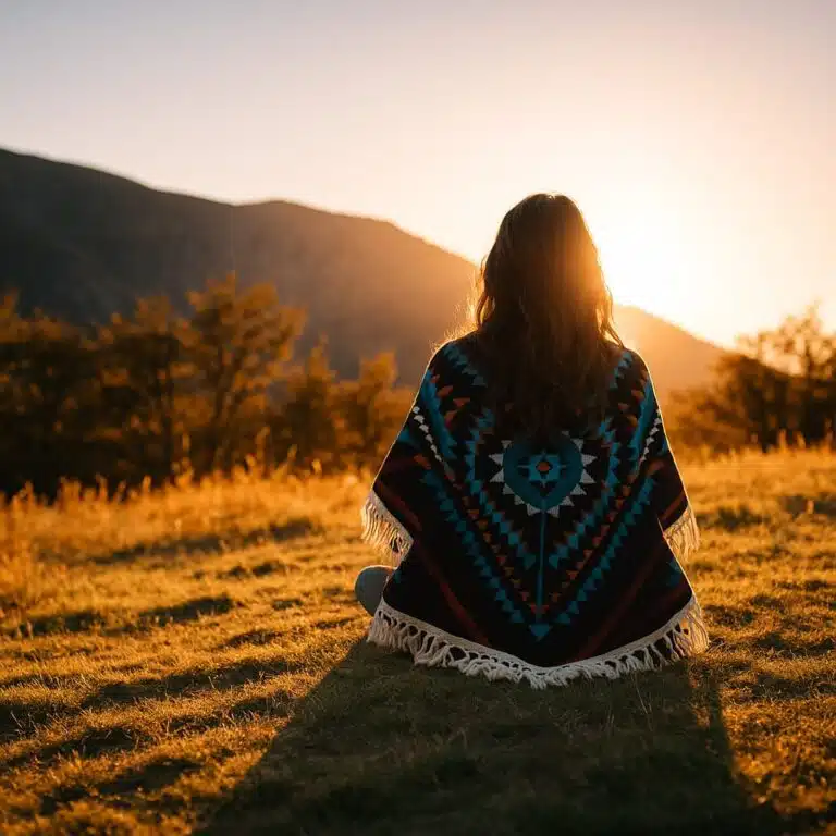 Woman in a traditional blanket sitting on a hillside at sunset representing indigenous translation, cultural preservation, and language diversity.