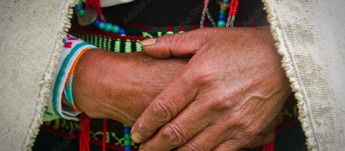 Canadian Indigenous woman in traditional dress with hands together symbolizing cultural preservation and the role of a Canadian Indigenous language translator.