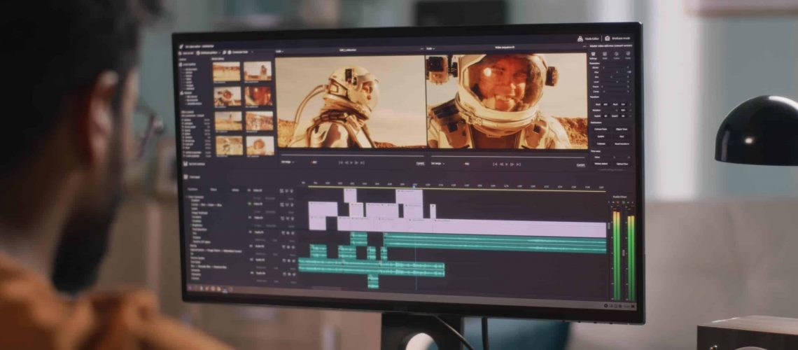 Man providing professional video translation services while working on a video project