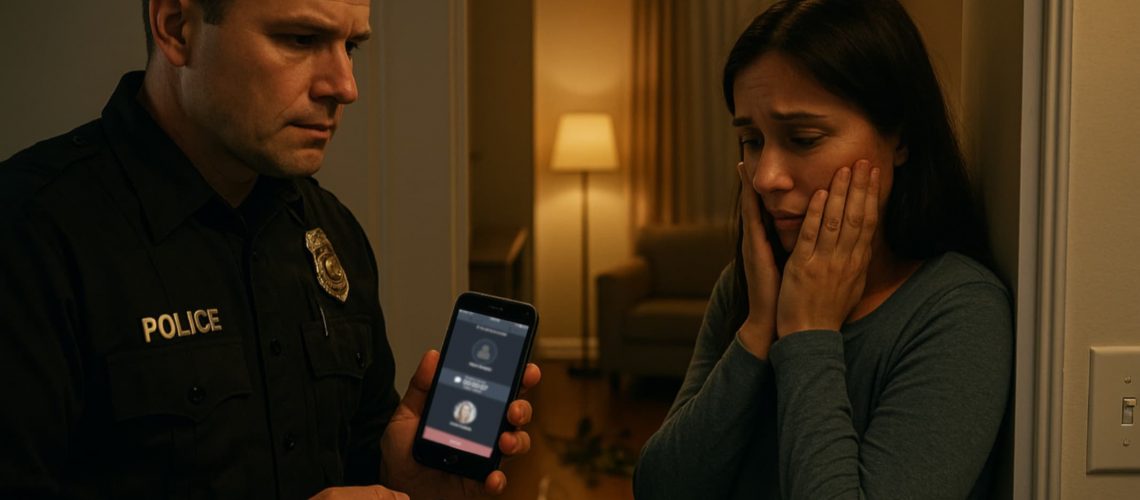 Police officer showing a phone with a telephone interpreter service to assist a worried woman during an emergency.