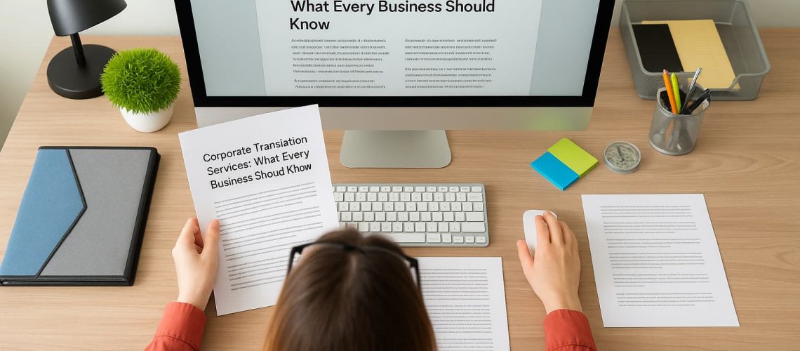 Woman working at a desk with corporate documents and a desktop screen displaying the title "Corporate Translation Service What Every Business Should Know"