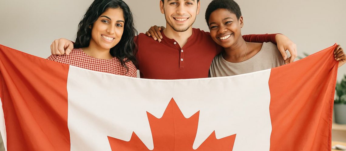 Three smiling people holding a Canadian flag, symbolizing diversity and inclusion supported by immigration translation services in Canada.