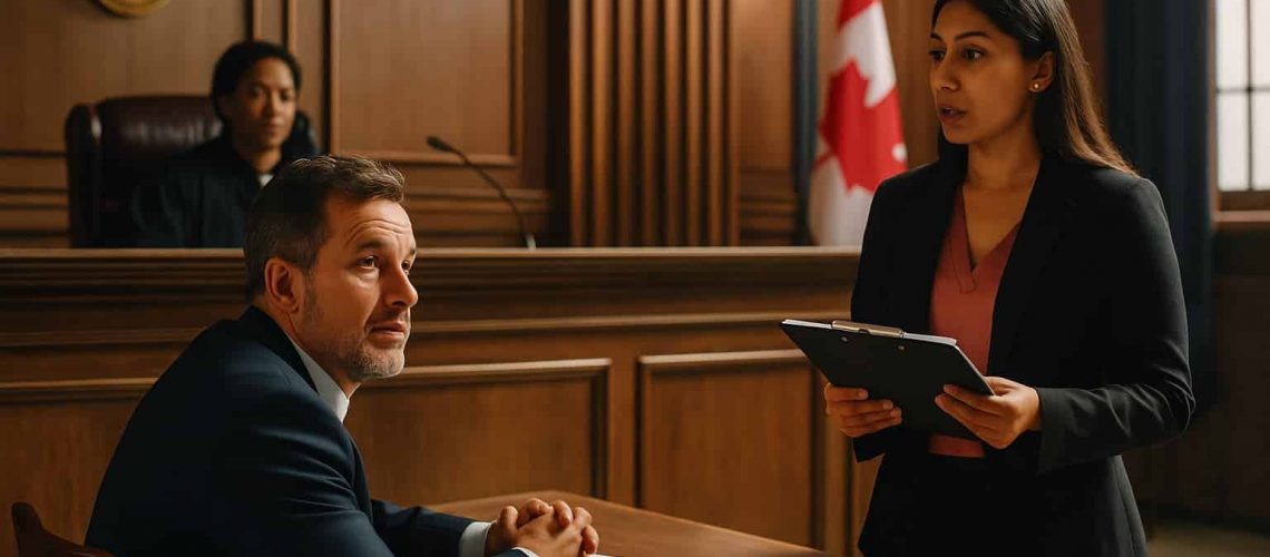 Interpreter provides interpretation services in a Canadian courtroom, supporting a defendant during legal proceedings with notes in hand.
