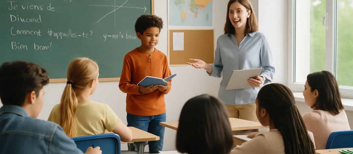 Students and teacher in a classroom representing education translation services in a multilingual learning environment.