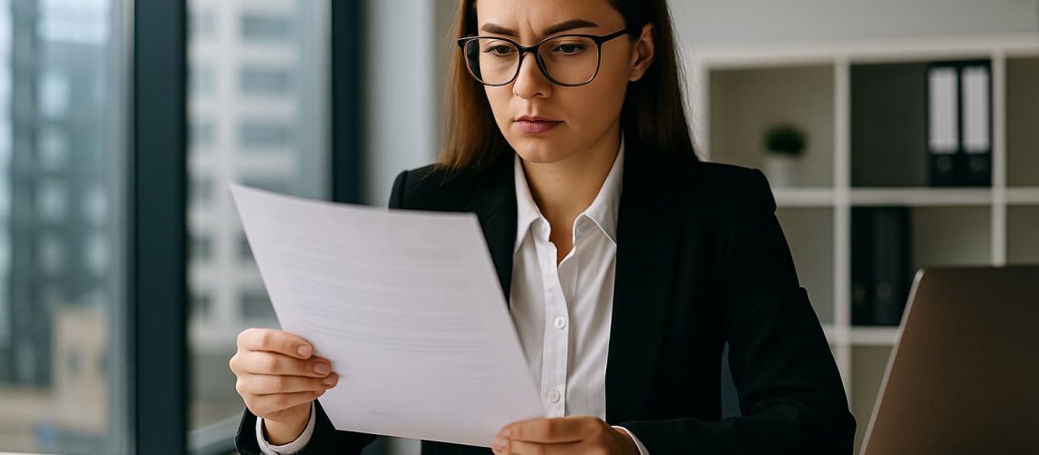 Professional woman reviewing documents at a desk, representing certified translation services in Toronto.