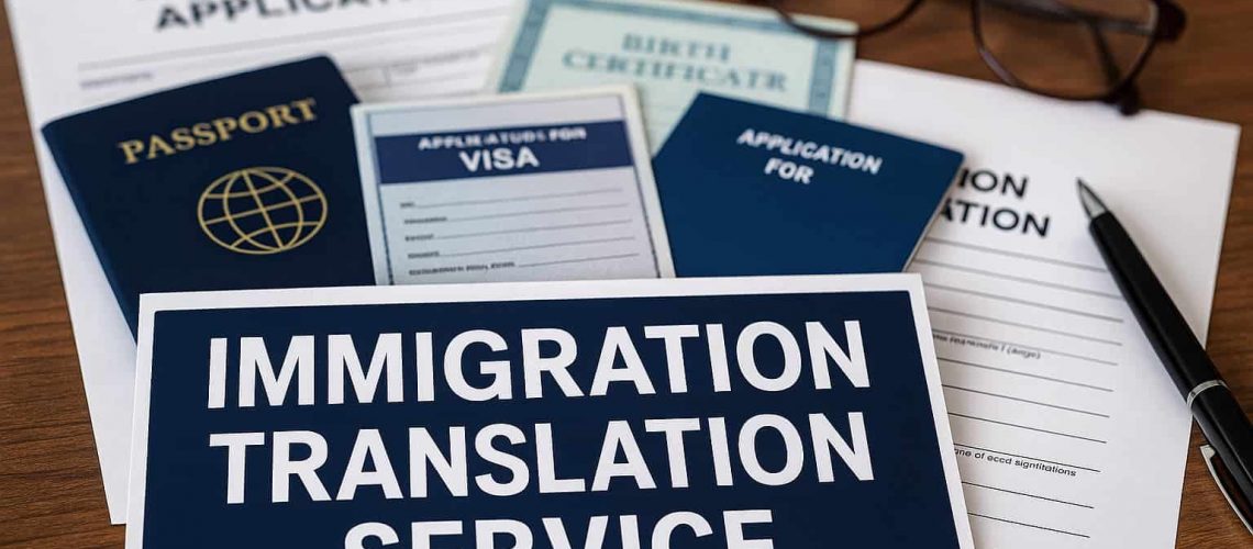 Documents for visa, passport, and birth certificate on a desk with a sign reading “Immigration Translation Service.”