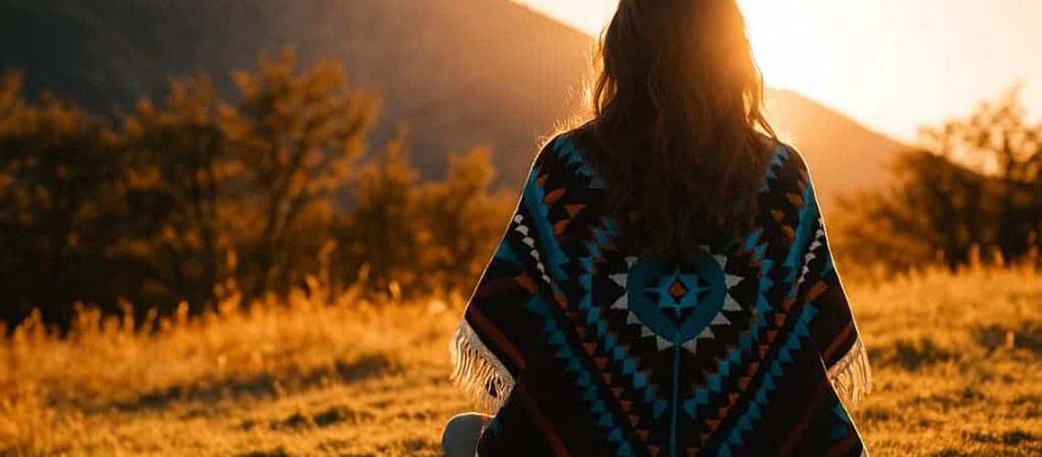 Woman in a traditional blanket sitting on a hillside at sunset representing indigenous translation, cultural preservation, and language diversity.