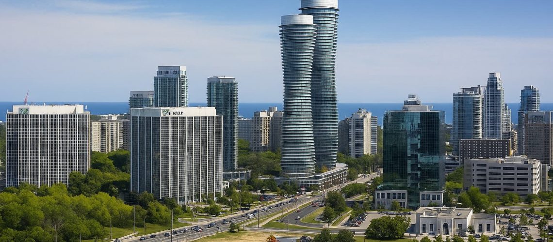 Mississauga skyline with modern skyscrapers, including the Absolute World Towers, representing the city’s growth and need for translation services Mississauga.