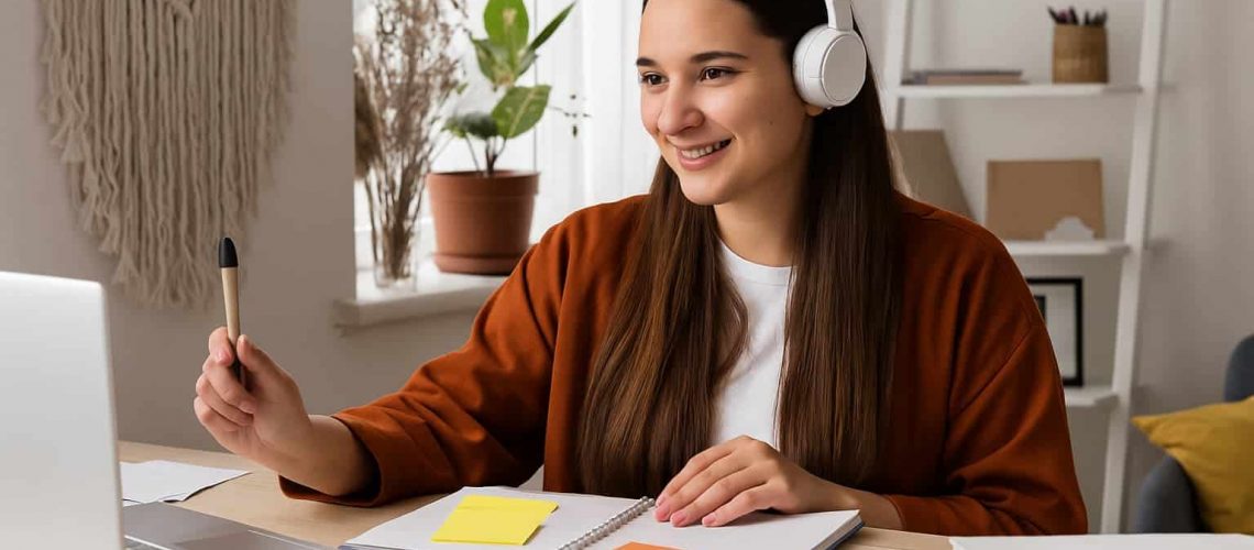 Interpreter services provided online with a professional interpreter wearing a headset and assisting clients through a virtual meeting.