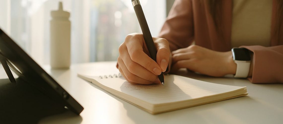 Close-up of a woman’s hand taking notes with a pen while using a tablet, illustrating professional interpreting services in action.