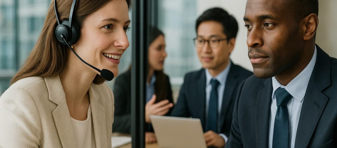 Interpreter providing professional interpretation and translation services during a business meeting with multicultural participants.