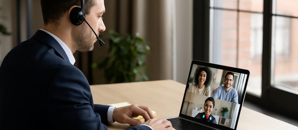 Professional interpreter providing video interpreting service during a virtual meeting on a laptop with diverse participants.