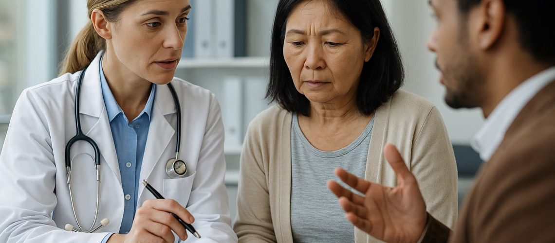 Doctor and patient communicating through interpreter, representing medical translation services in healthcare.