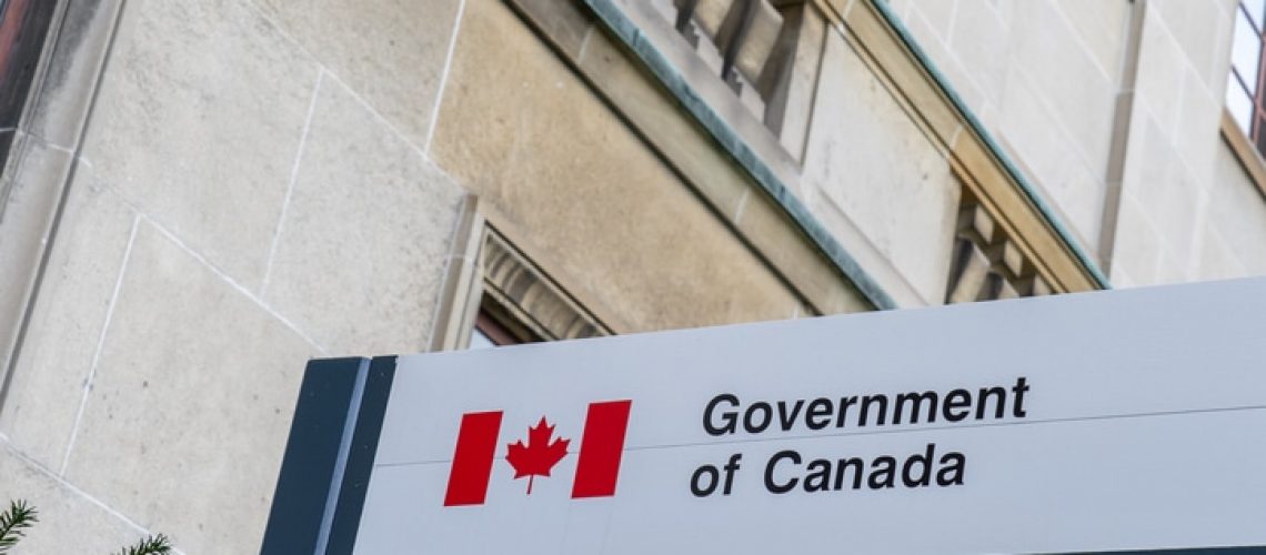 Ottawa, Ontario, Canada - October 15, 2023: Government of Canada sign outside the office building in Ottawa, Ontario, Canada.