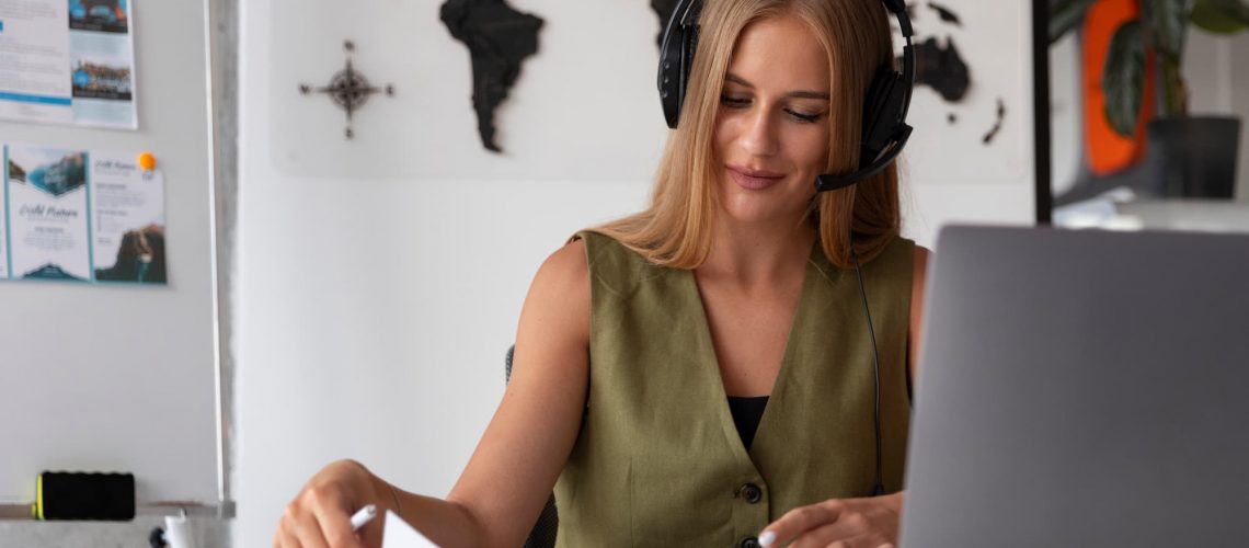 Video interpreter blonde woman wearing headphones and working at a computer to deliver real time multilingual communication online.